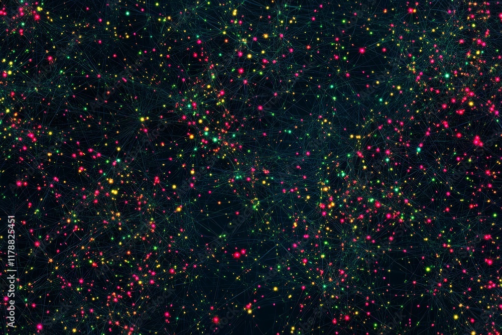 Poster abstract background with colorful connections and data nodes in dark space for technology and innova