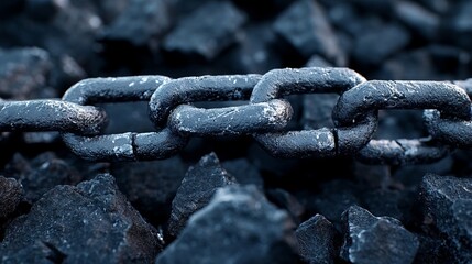 A close up of a metal chain on a pile of coal