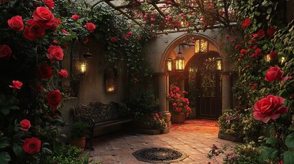 Fototapeta premium Romantic Rose-Covered Courtyard Entrance 