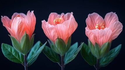 Three delicate pink hibiscus flowers with green leaves against a dark background.