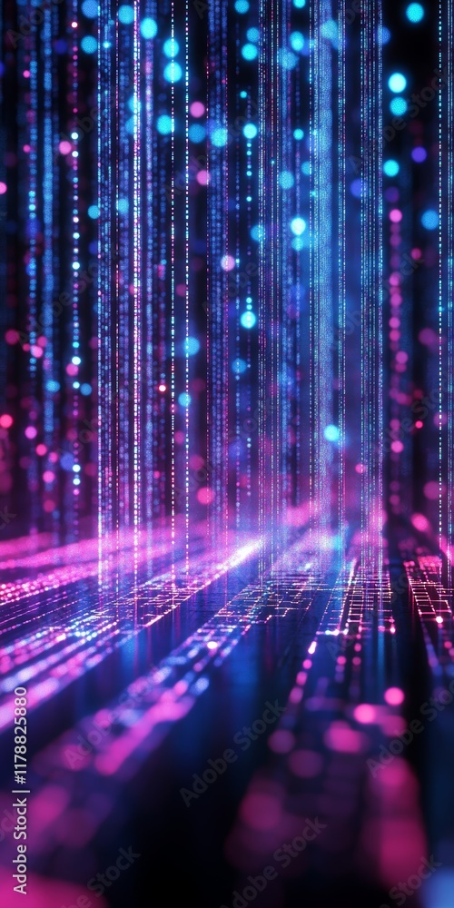 Poster data flow transformation in a colorful digital environment with points of view and vibrant light str
