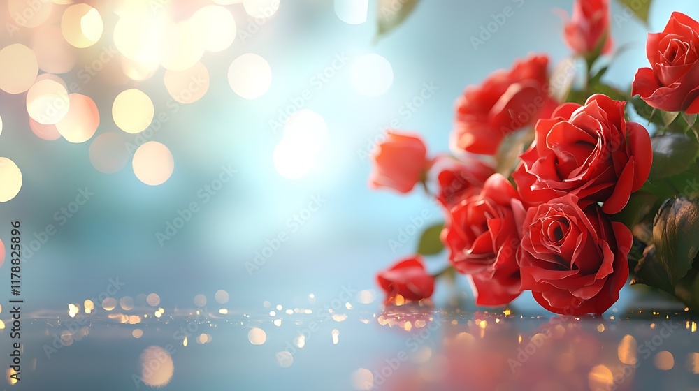 Poster captivating close up of lush vibrant red roses with a mesmerizing golden glow reflected on a shimmer