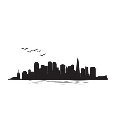 Fototapeta premium Cityscape Silhouette with Birds Flying - Vector Illustration