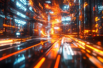 Explore a stunning 3D environment showcasing a dynamic flow of colorful lighting in a realistic data stream, perfect for technological themes.