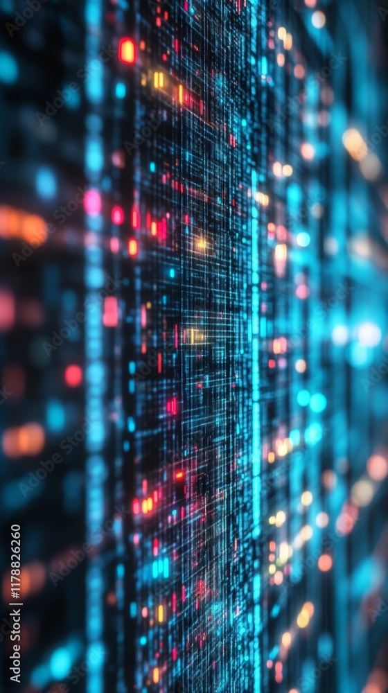Poster explore an abstract digital data flow featuring vibrant colors and intricate textures, reflecting mo