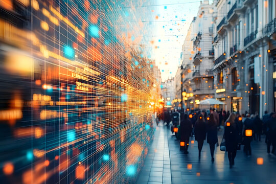 A dynamic digital data flow illustrated over a bustling street, symbolizing the intersection of technology and urban life in a connected global world.