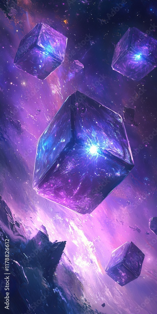 Aufkleber space scene with purple cubes floating in the sky. the cubes are of different sizes. scene is one of