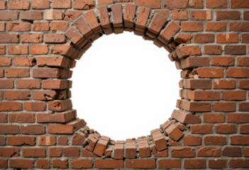 Circular Brick Wall Hole with Minimal Damage. With clipping path. Brick texture concept.