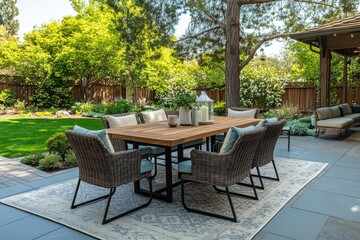 Obraz premium Rectangular acacia wood table with black steel frame, dark brown wicker chairs and light blue armchairs in a serene spring garden setting.