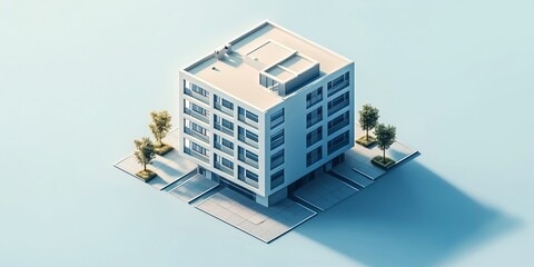 Aerial view of a modern apartment building with minimalist design, surrounded by trees, in an urban environment.