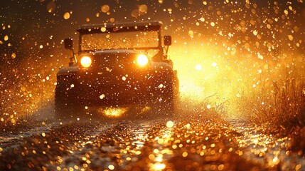 A rugged off-road vehicle drives through a snowy, muddy trail at sunset with bright headlights illuminating falling snowflakes. The scene captures adventure, winter travel, and powerful exploration.