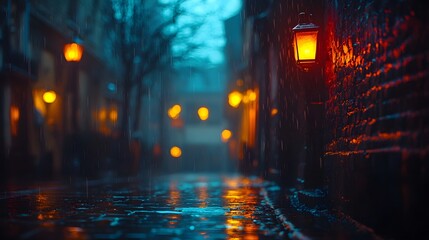 Fototapeta premium Glowing City Street at Night with Looming Shadows in Alleyways Conveying a Sense of Danger and Intrigue