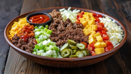 Colorful Bowl of Sloppy Joe Toppings with Fresh Vegetables and Sauces for a Party Spread