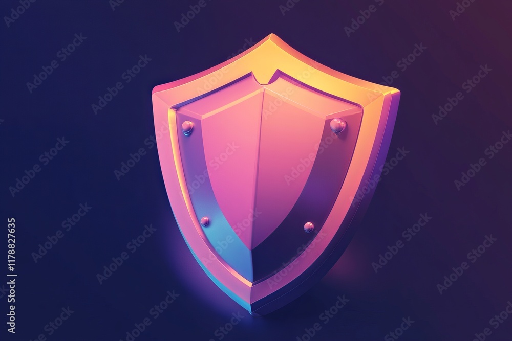 Poster a colorful 3d shield icon with gradient hues on a dark background, representing security and protect