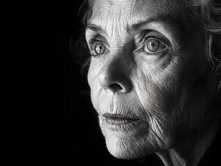 Obraz premium Dramatic Black and White Portrait of an Elderly Woman with Expressive Eyes Capturing Wisdom of Age