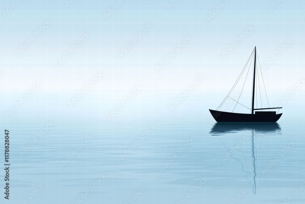 Poster Silhouette of a simple boat on calm waters with soft reflections and ample space for text usage. Generative AI