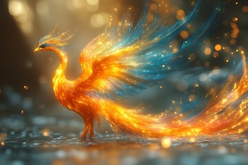 Luminous Phoenix Bird Majestically Stands Near Water