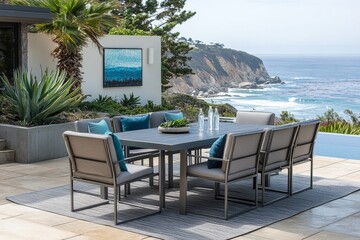 Obraz premium Urban gray Arona patio dining set with ocean view, blue accents, green plants, and teal pillows on a square tile floor with wall art.