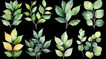 A collection of watercolor leaves on a black background.
