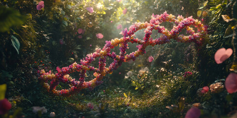 Fototapeta premium A vibrant DNA double helix, formed from blooming flowers, winds through a lush,
