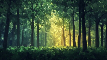 Obraz premium A forest with trees and a field of green grass. The trees are tall and the grass is lush and green