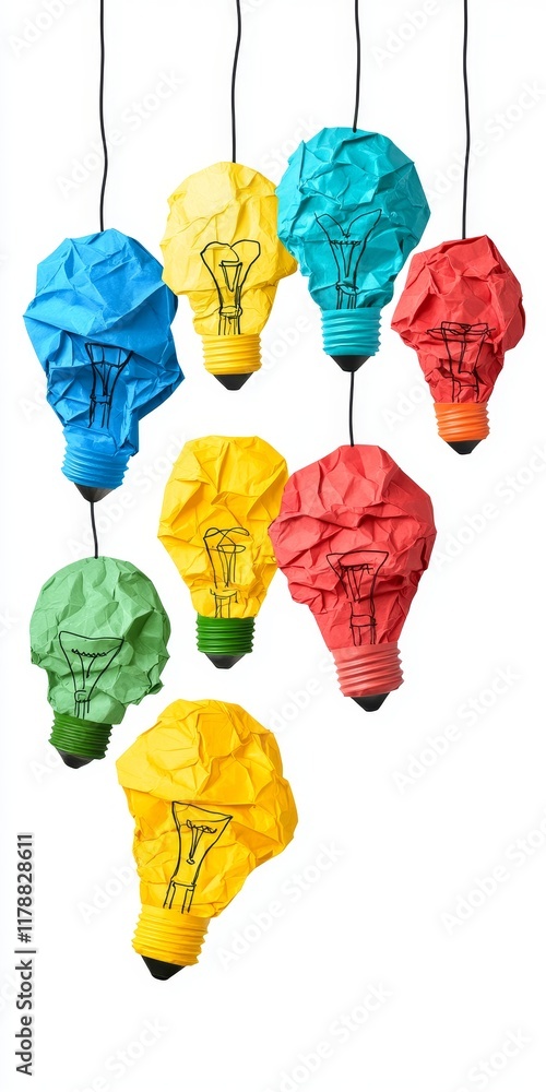 Poster a bunch of paper bulbs hanging from a string. the bulbs are of different colors and sizes. concept o