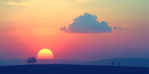 Naklejka premium Photograph depicting a dreamy sunset scene with bright lens flare, light streaks, and vibrant colors, a smiling cloud interacts with small scattered trees, sharp focus