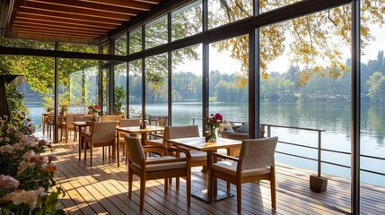 Fototapeta premium Lakeside Restaurant Terrace: Tranquil Lakeside Dining Experience 