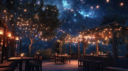 Nighttime Enchantment: An idyllic outdoor patio bathed in the warm glow of string lights and lanterns, a star-studded sky above, a perfect setting for romance or a relaxing evening. 