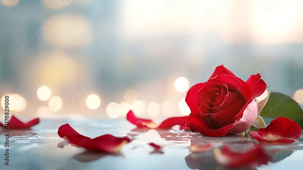 Aufkleber captivating red rose petals resting on a glowing reflective surface creating an intricate enchanting