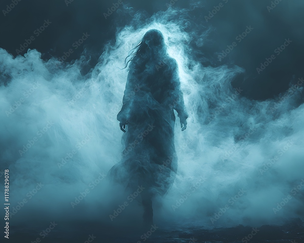 Poster mystical figure emerging from the shadows with glowing aura and dark enveloping background