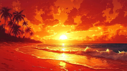 Fiery Sunset over Tropical Beach: A breathtaking panorama of vibrant orange and red hues painting the sky and ocean at sunset, with palm trees silhouetted against the radiant light.