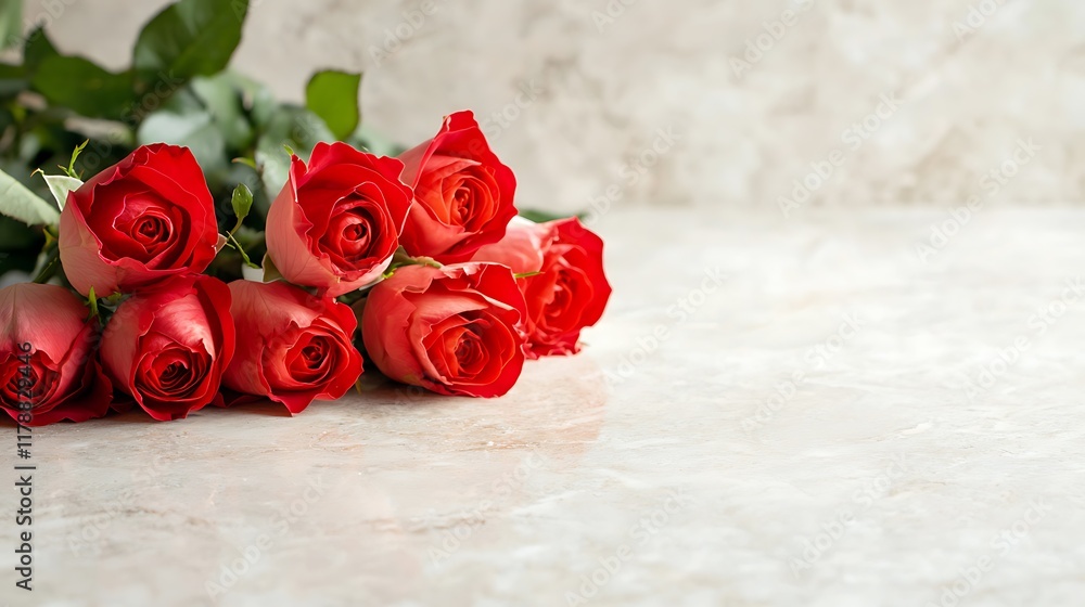Poster cascading red roses artfully arranged on a smooth white marble surface creating a stunning and roman