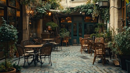 Charming Courtyard Cafe: A cozy cafe with a rustic charm, featuring a cobblestone patio adorned with lush greenery and inviting tables.
