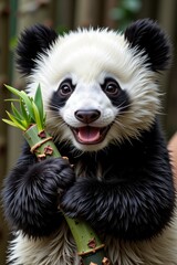 Fototapeta premium Adorable Happy Panda Cub Holding Bamboo Wildlife Conservation Nature