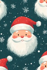 Festive repeating pattern featuring cute Santa Claus faces with red hats, snowflakes, and ornaments against a dark background