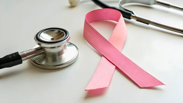 A pink colour cancer awareness ribbon with docktor stethoscope.