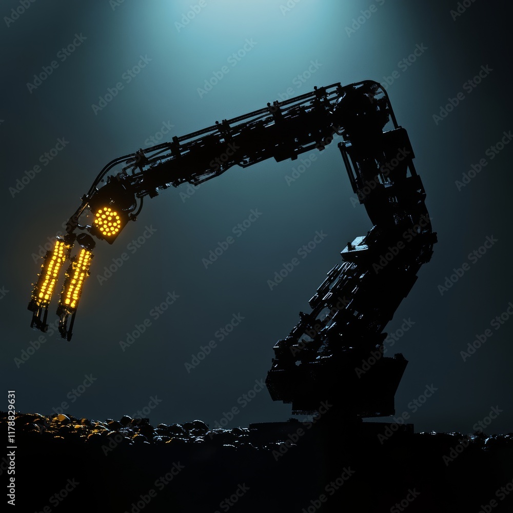 Aufkleber robot with a yellow light on its arm is standing in the dark. the robot is made of metal and has a r