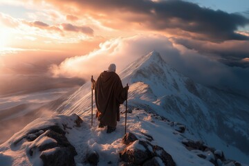 Fototapeta premium Journey of solitude on a snowy peak at sunset, enveloped in mystical clouds and nature's embrace of tranquility. Generative AI