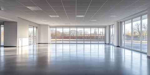 Fototapeta premium Empty modern office space with large windows contemporary design urban setting bright environment wide-angle viewpoint aesthetic appeal