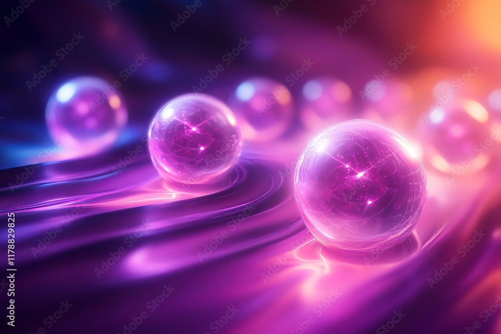 Poster shimmering spheres on a vivid purple and orange abstract background, creating a futuristic and dynam