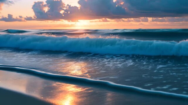 A videograph capturing the setting sun casting its golden rays over the gently crashing ocean waves, The gentle ebb and flow of ocean waves at dawn