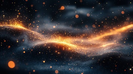 Obraz premium Abstract depiction of shimmering waves with glowing particles in a dark setting.