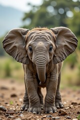 Fototapeta premium Adorable Baby African Elephant Calf Standing on Dusty Path in Savanna