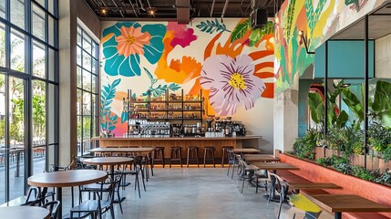 Tropical Bar Interior: Vibrant mural, tropical plants, and natural light create a welcoming atmosphere in this stylish bar with a rustic wooden bar top and colorful booths.  