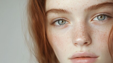 Fototapeta premium Close-up portrait of a young woman with freckles and red hair, looking at the camera.