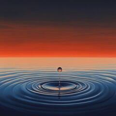 A serene water droplet forms ripples under a stunning sunset, blending deep blue and orange tones.