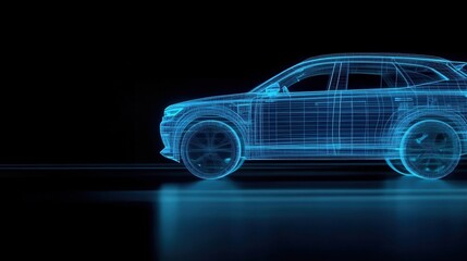 Naklejka premium Advanced fluid flow analysis software applied to an electric SUV prototype in a bustling automotive innovation hub