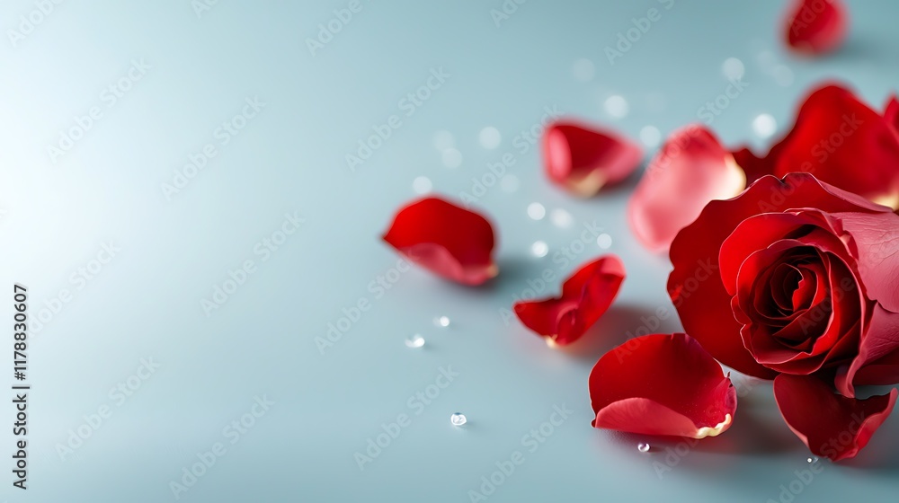 Poster close up of delicate red rose petals creating a soft gradient like effect against a pristine white b