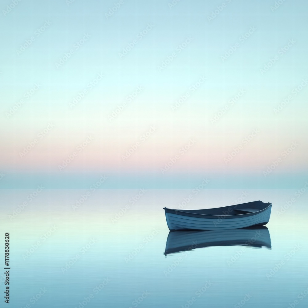 Poster serene boat silhouette on calm water with soft reflections during twilight hours. generative ai